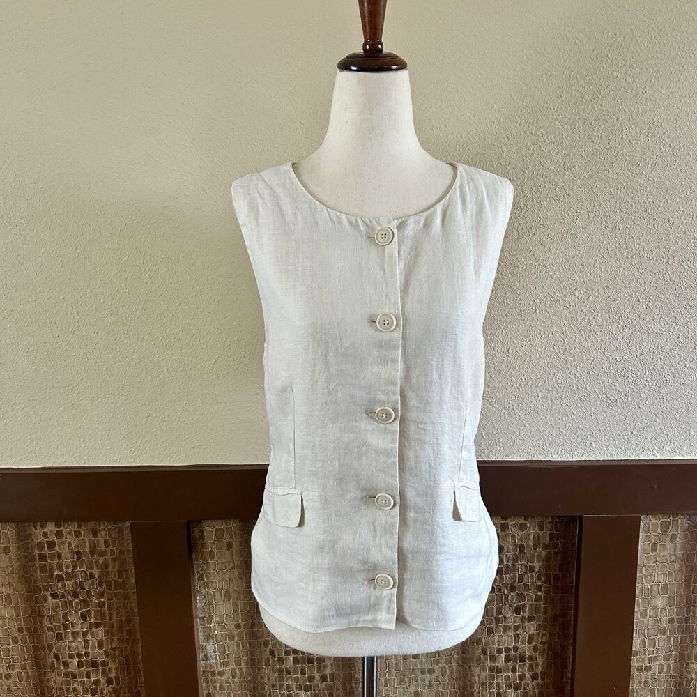 J.Crew Button-Front Crew Neck Sleeveless Linen Vest in Natural Size 12